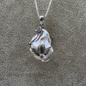 Elegant Silver and Baroque Freshwater Pearl Pendant Necklace